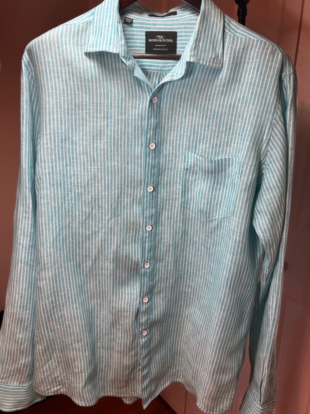 Rodd & Gunn Men's 100% Linen Teal/White Striped Shirt Size XL Woven In Italy